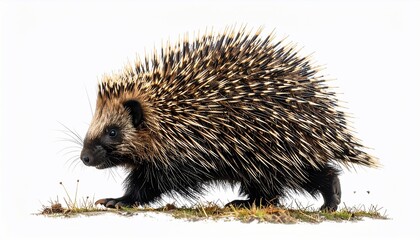 Side view of a porcupine walking on grass, showcasing its distinctive quills against white