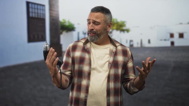 Man with beard wearing a plaid shirt holding a power drill and shrugging on street; frustration problem solving.