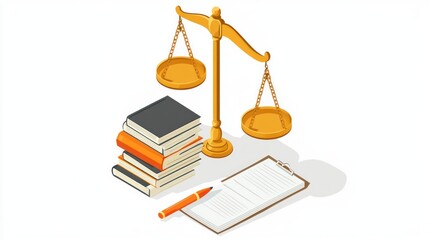 Justice scales, books, document, isometric illustration