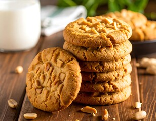 Close-up of stacked, peanut-studded cookies and a single one in front, with a glass of milk in background