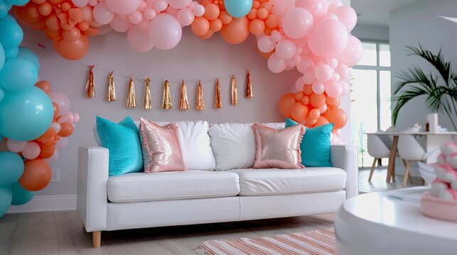 A maximalist and joyful Happy Birthday banner installation hanging across a bright living room