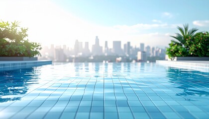 Rooftop pool with city skyline, bright sun and gentle waves, green foliage