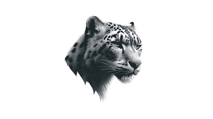 Striking monochromatic digital illustration depicting the fierce and majestic head of a snow leopard featuring piercing light blue eyes against a stark black background perfect for wildlife art.