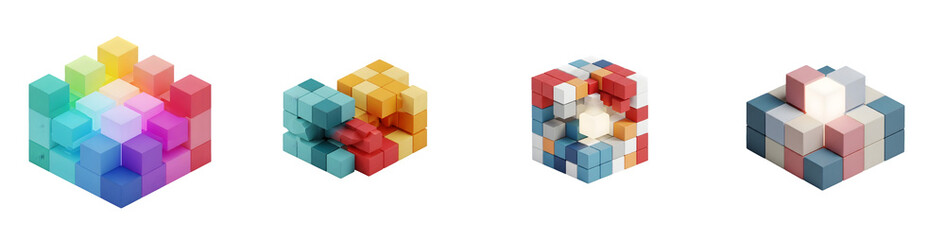 Obraz premium Colorful abstract 3D cube structures and icons isolated on a transparent background