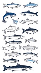 Assortment of diverse fish illustrations presented in a vertically arranged, sketch-like collection, showcasing various sizes and details