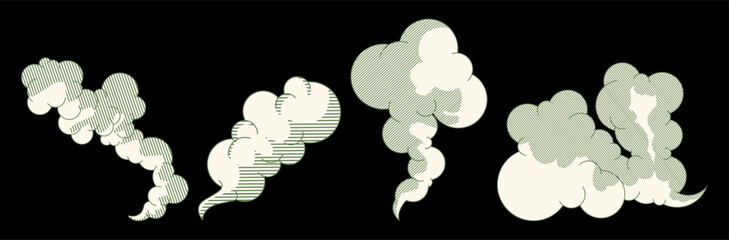 Set of vintage smoke clouds and steam puffs in banknote engraving style.Perfect for vintage-themed graphic design, retro posters, and industrial concepts.