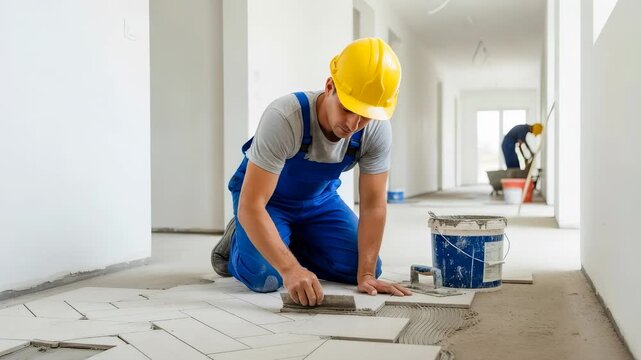 Male construction worker installing ceramic floor tiles with mortar and brush in apartment hallway during renovation.