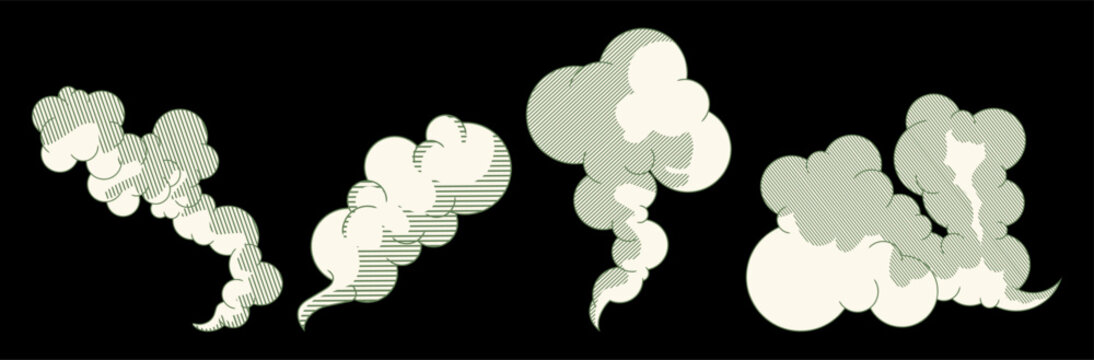 Set of vintage smoke clouds and steam puffs in banknote engraving style.Perfect for vintage-themed graphic design, retro posters, and industrial concepts.