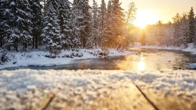 This tranquil winter landscape captures the ethereal beauty of a cold morning by a flowing river. Fresh, glistening snow blankets the ground and the sturdy evergreen trees, creating a pristine and ser