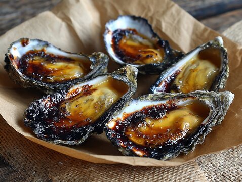 Roasted oysters with golden glaze on parchment paper rustic seafood appetizer closeup with rich textures warm tones culinary still life