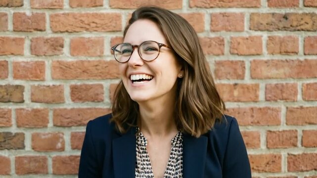 This vibrant shot features a beaming young adult woman, adorned with stylish eyeglasses and a smart blazer over a patterned blouse, bursting into genuine laughter against a textured brick wall backgro