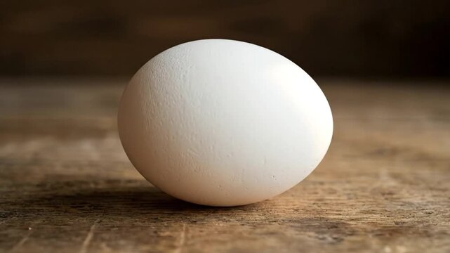 This visually appealing video captures a pristine white egg resting gracefully on a textured, rustic wooden surface. The camera subtly highlights the egg's smooth, natural shell against the warm, eart
