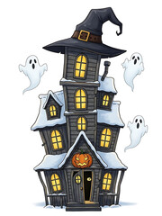 Spooky Black House with Ghosts and Witch Hat on Halloween Night Isolated on White