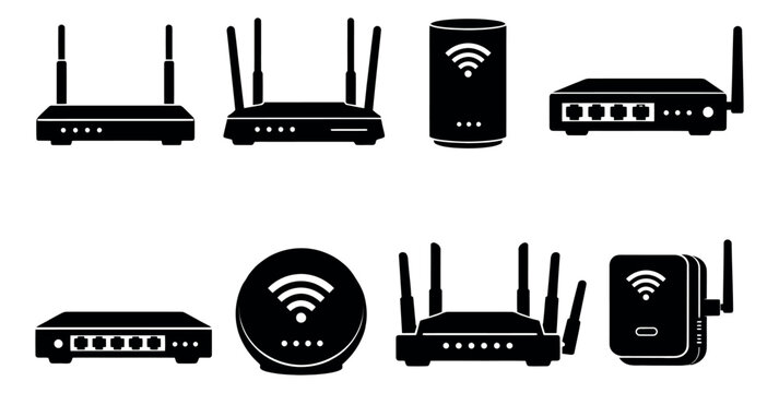 Solid icon networking devices set featuring various Wi-Fi routers and modems for internet connectivity