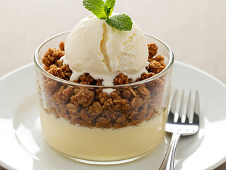 Delicious Crumble Dessert with Ice Cream on White Plate