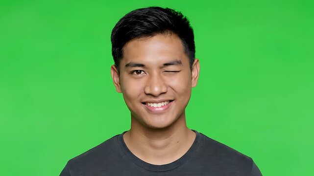 Portrait of a cheerful Asian man winking and smiling on a bright green screen
