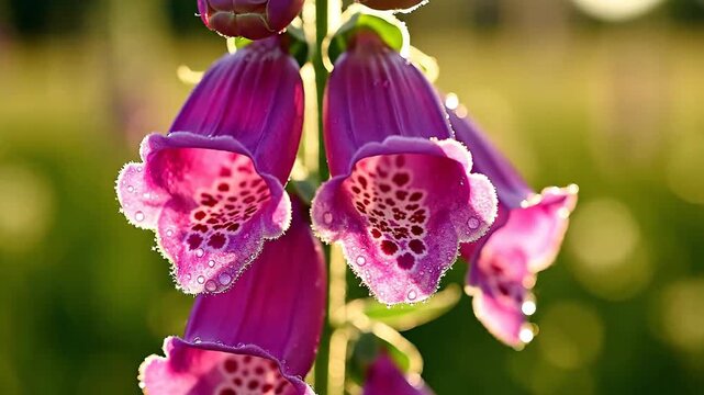 Close-up of vibrant pink foxglove flowers with speckled throats, illuminated by soft, natural light.