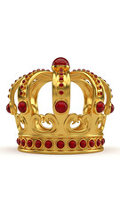 Golden Crown with Red Jewels on White Background
