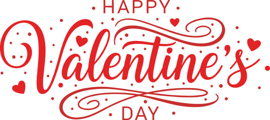Happy Valentine's Day calligraphy lettering, romantic red script with hearts and swirls, holiday greeting card, cad drawing flat vector illustration, love. © MDMOHOBBAT
