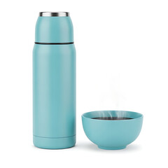 Teal Thermos and Bowl on White Background