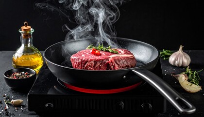 Steak sizzling in a pan on an induction cooktop, with oil, spices, and garlic