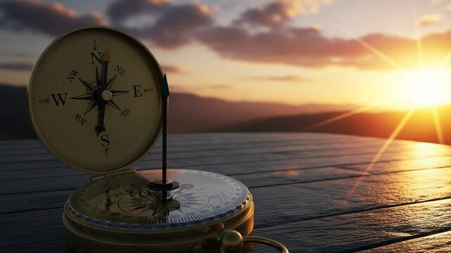 Compass on wooden deck sunset.