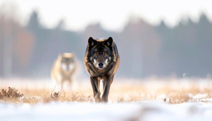 A dark wolf confidently strides forward, another blurred wolf follows in snowy field