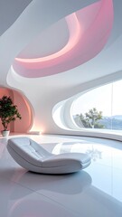 Futuristic interior with curved shapes, natural light, and a modern chair