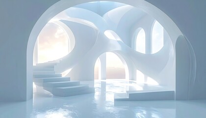 Light-filled architectural interior with curved walls, arches, and a staircase