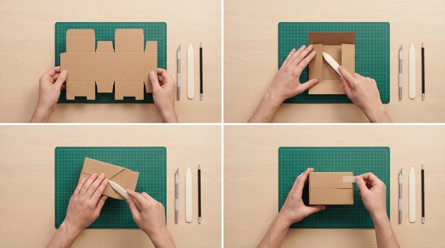 Four Step Collage of Cardboard Box Assembly Process on Green Cutting Mat