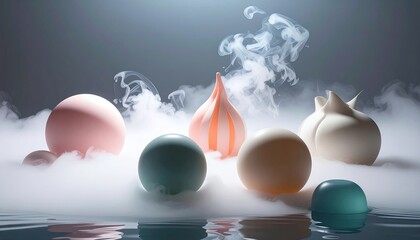 Pastel orbs and petal shapes emerge from a foggy, water-like surface