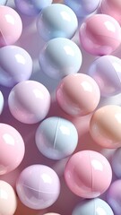 Pastel spheres in a scattered arrangement. Soft light and shadows