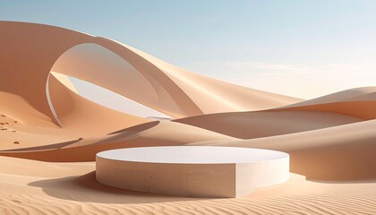 Abstract desert scene with a white pedestal against flowing sand dunes