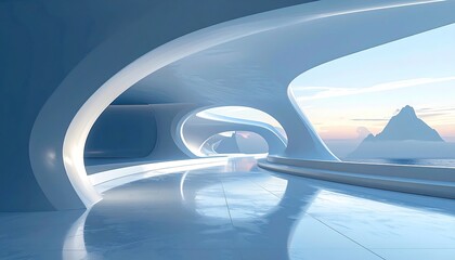 Futuristic, light-filled architectural corridor, overlooking sea and mountains