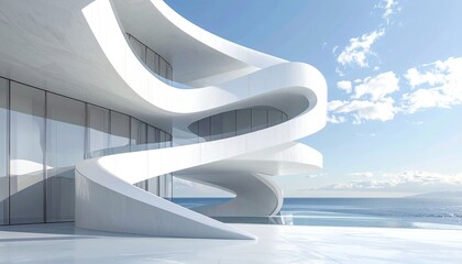 Modern, flowing white structure with curved lines near ocean