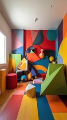 Colorful room with geometric shapes and painted walls, surreal scene
