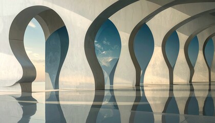 A series of arches, reflecting sunlight & sky