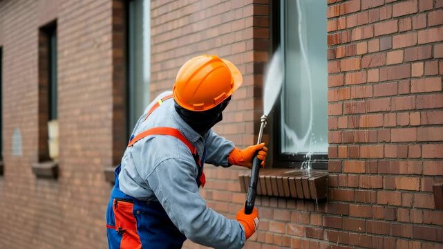 Worker cleaning building facade with high pressure washer. Power washing brick wall for maintenance. Residential property upkeep.