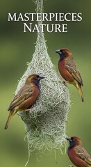 Several small, vibrantly colored birds are gathered around an intricately woven, pendulous hanging nest