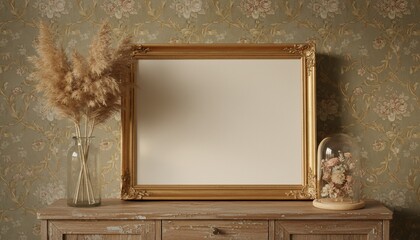A gold ornate picture frame on a weathered wood surface with dried plants and florals