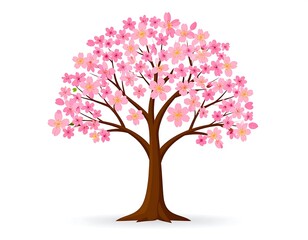 Obraz premium A simple illustration of a blossoming tree, showcasing a brown trunk and branches filled with numerous pink flowers against a pristine white backdrop
