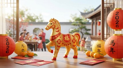 Obraz premium Chinese New Year 2026 Celebration With Horse Figurine, Red Lanterns, Envelopes, and Traditional Courtyard
