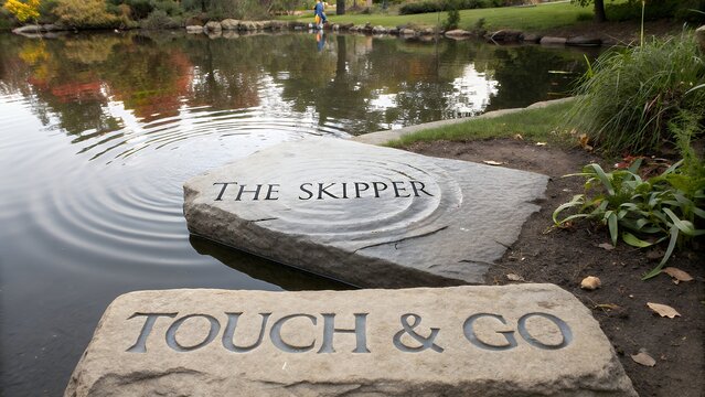 Stone skipping across glassy pond with ripples and inscriptions