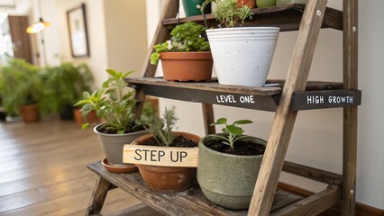 Tiered wooden plant stand with various potted plants