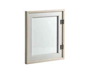 Light wood framed door with clear glass pane and metal hinges