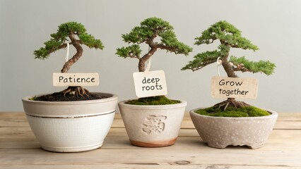 Three bonsai trees with inspirational tags on a wooden surface