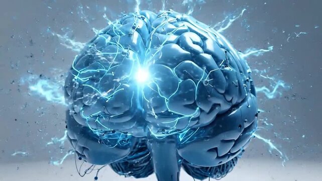 Stylized blue brain with electrical connections, symbolizing intelligence, innovation, and neurological processes on a light background.