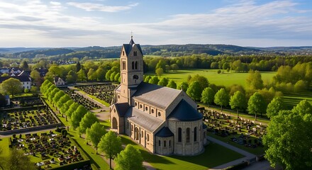 Aerial view captures historic stone church and expansive cemetery nestled within lush green countryside on a bright day