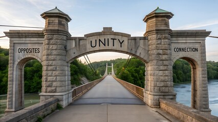Unity bridge structure with road leading through stone archway