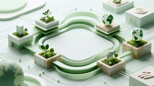 Conceptual 3D render of an integrated system illustrating environmental responsibility in ESG strategy showing abstract corporate structures for long-term business transformation